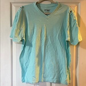 PD&C Aqua V-Neck Tee with Button Accents
